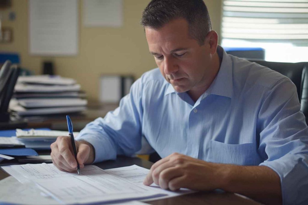 A teacher candidate taking a subject knowledge pre-employment test in an exam setting.
