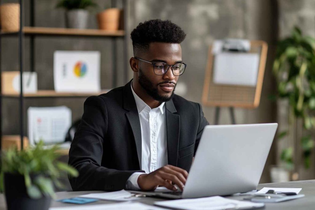Male HR manager reviewing a pre-employment test report for an administrative assistant candidate.