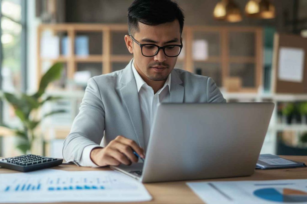 Male HR manager reviewing a pre-employment exam report for an accounting staff candidate.