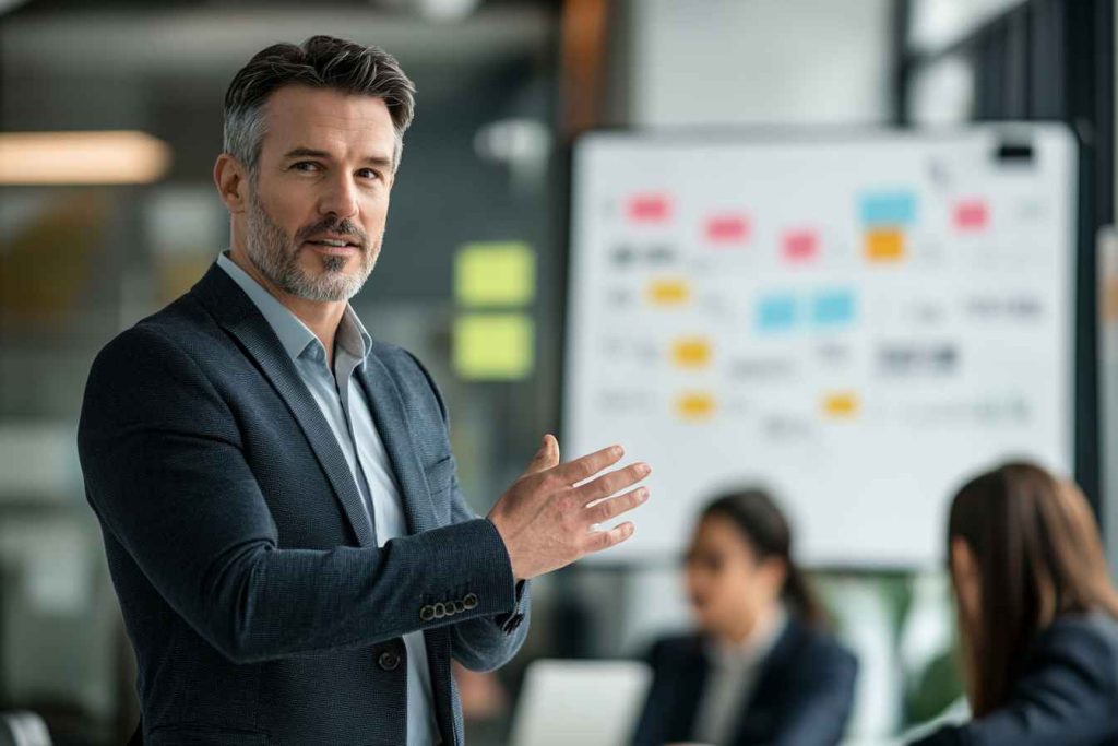 A business leader guiding a team discussion in an office setting.