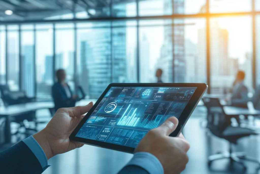 An HR professional reviewing a leadership potential assessment on a tablet in a corporate office.