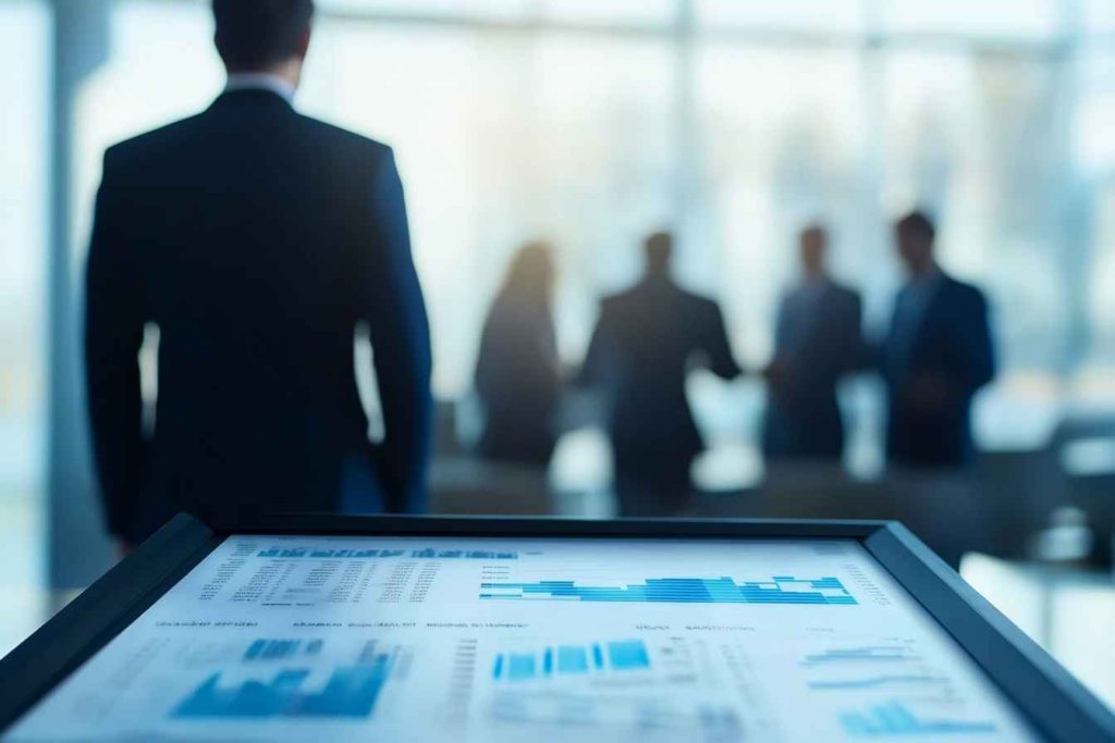 An executive analyzing leadership strategic thinking metrics in a corporate strategy meeting.