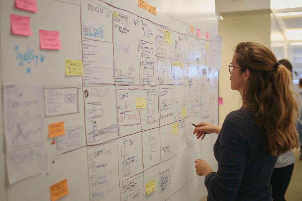 HR professional designing a candidate assessment framework on a whiteboard.
