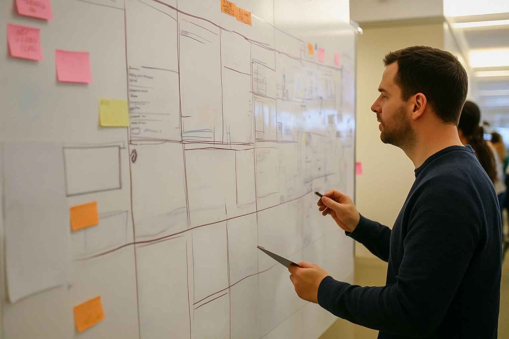 HR professional designing a candidate assessment framework on a whiteboard.