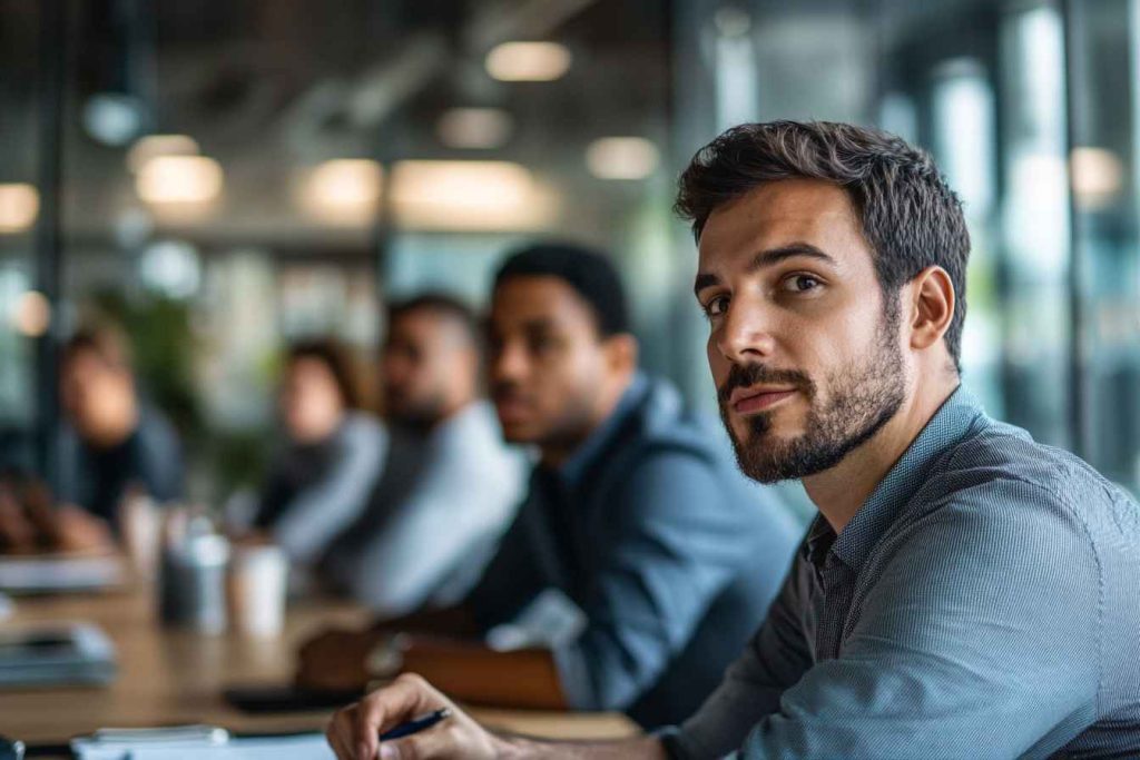 A leadership panel evaluating a candidate’s inclusivity skills in a corporate meeting room.