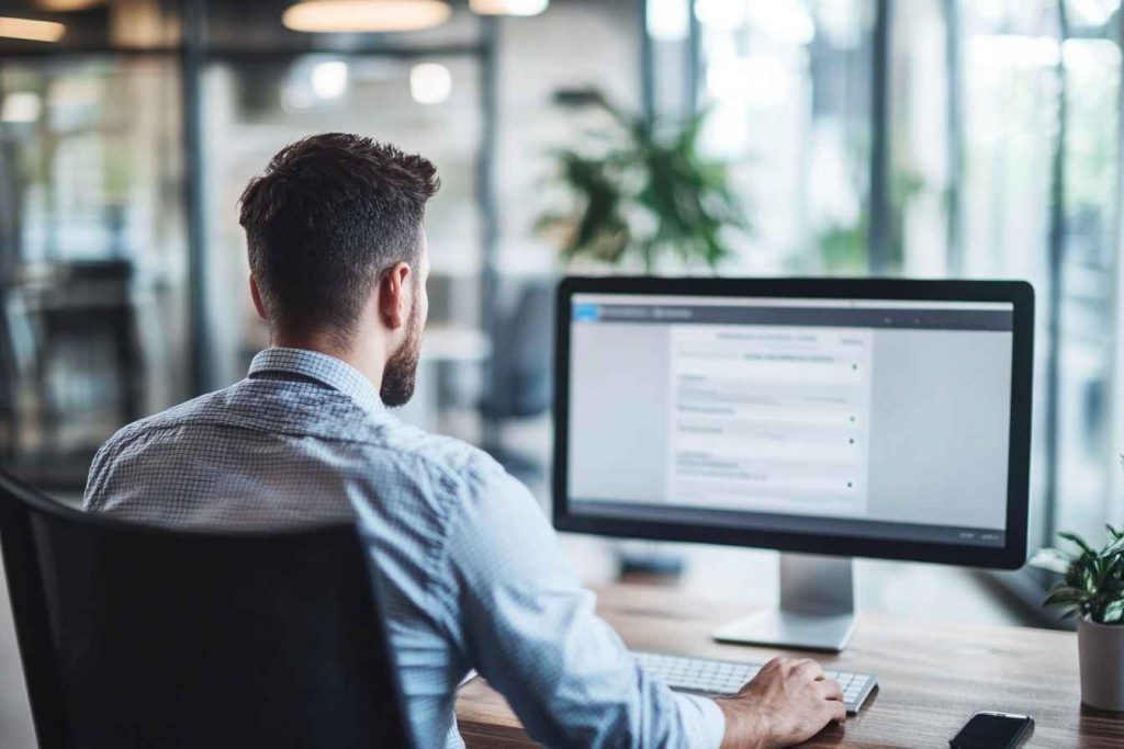 A leadership candidate taking an online inclusivity skills assessment in an office setting.