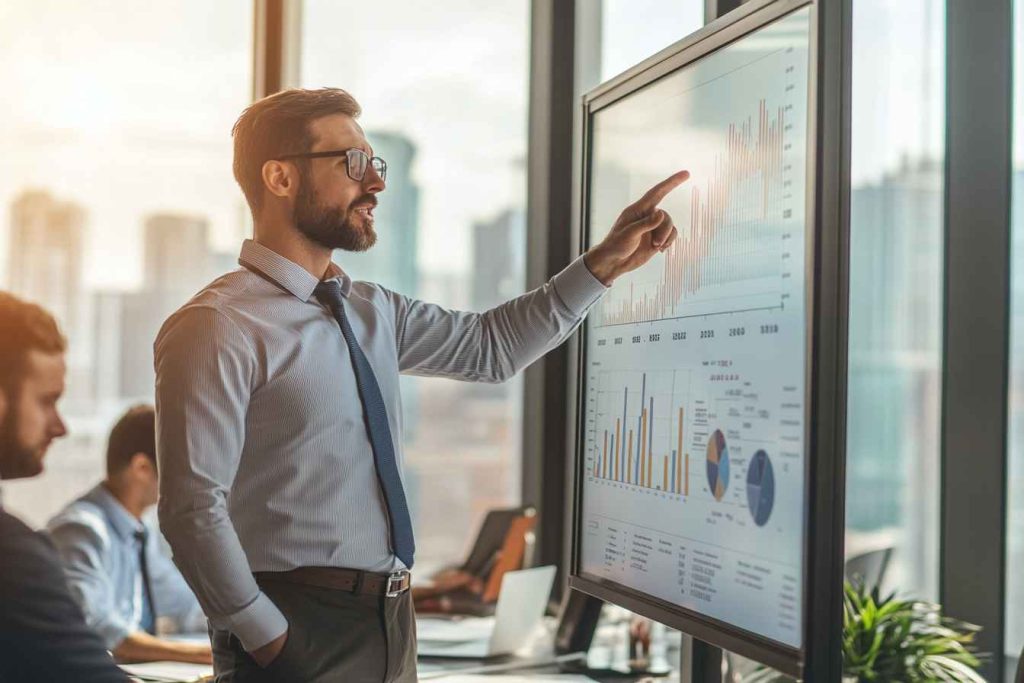 A dominant leadership style in action, with a decisive business leader presenting growth strategies.