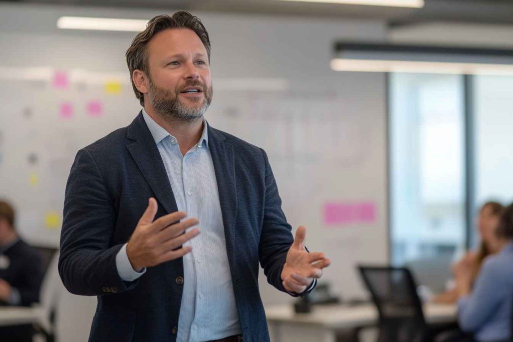 DISC Leadership Styles: Your Complete Guide to Understanding and Leveraging Them 1 An engaging, persuasive leader using influence to inspire a dynamic team discussion.