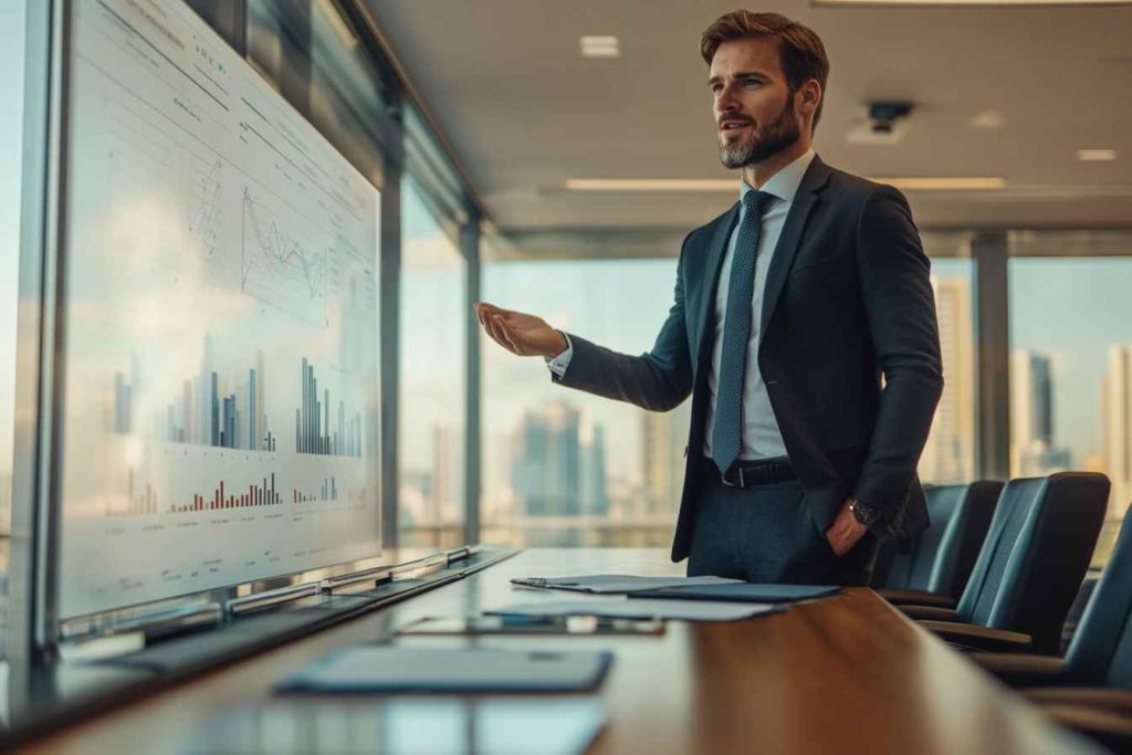 A dominant leadership style in action, with a decisive business leader presenting a strategy in a boardroom.
