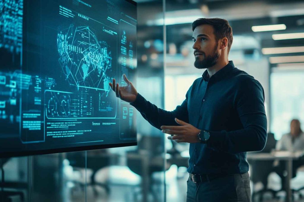 A transformational leader presenting a compelling vision to his team in a corporate setting.