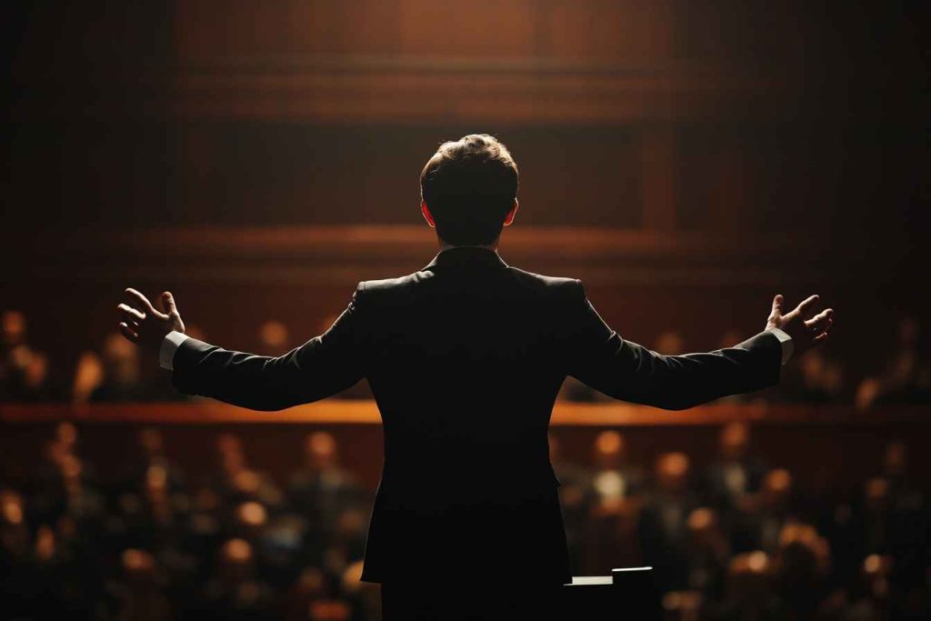 A corporate leader delivering a motivational speech, inspiring the audience.