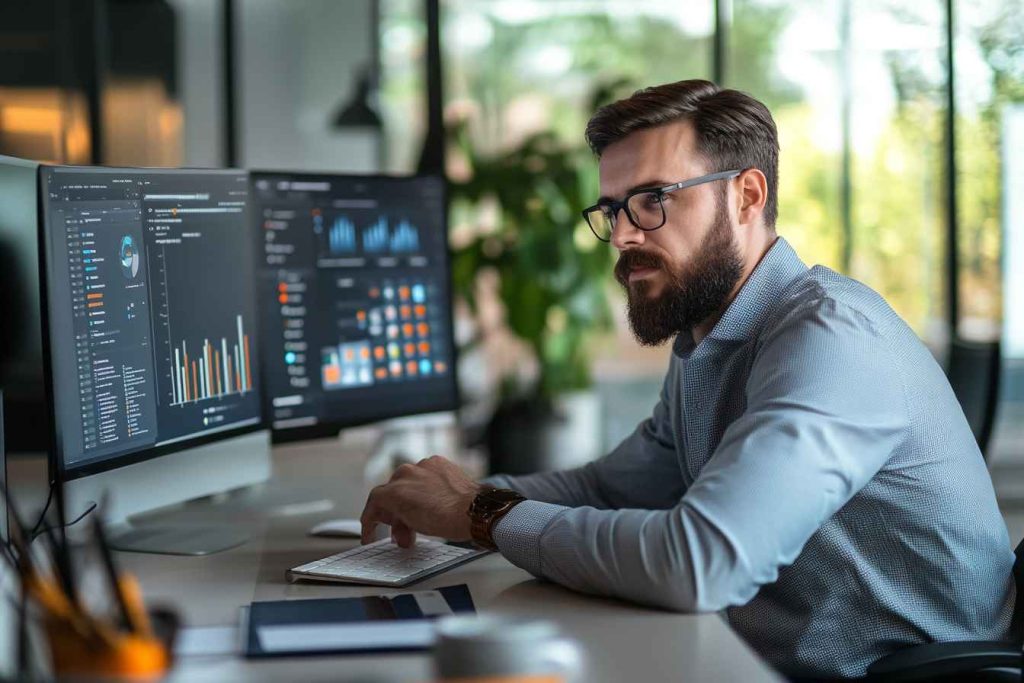 A male digital marketing specialist reviewing SEO performance metrics on a large screen in a modern corporate office.