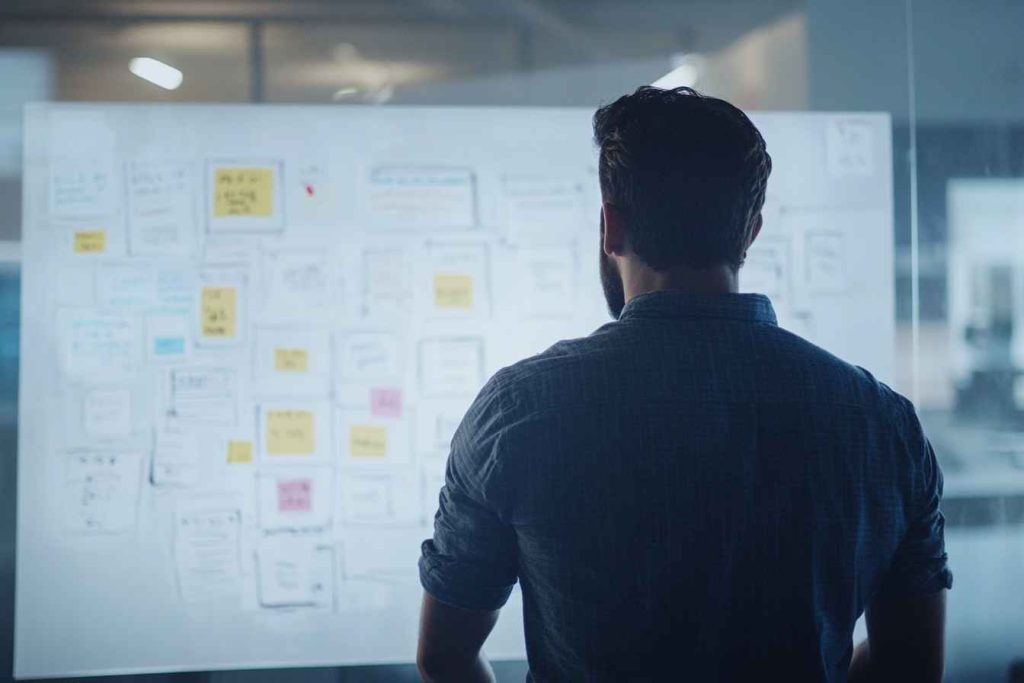 Digital Marketing Technical Skills to Assess for Employment 2 A male digital marketer brainstorming and drafting a content marketing strategy on a whiteboard.