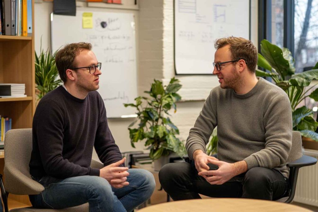 Practical Examples of Transformational Leadership in the Workplace: Inspiration in Action 2 A manager mentoring a junior employee, discussing career development and leadership growth.