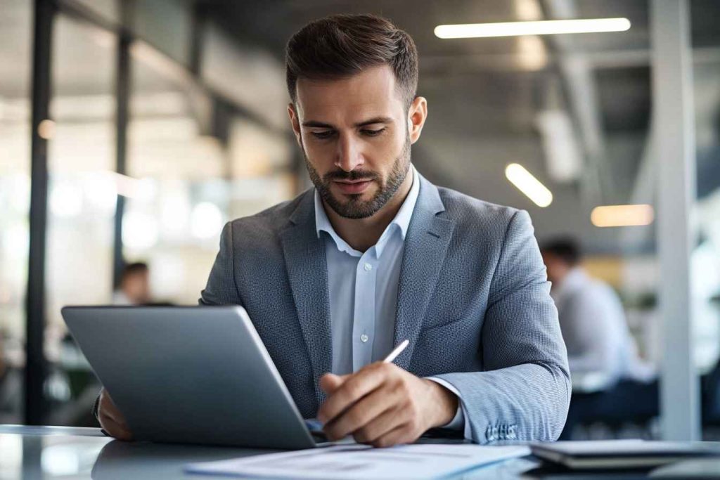A business executive reviewing a leadership skills assessment report on a tablet.