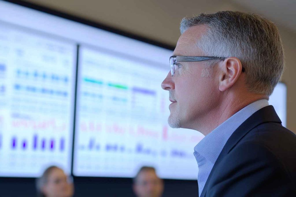 A business leader analyzing a 360-degree leadership assessment report to evaluate leadership competencies.