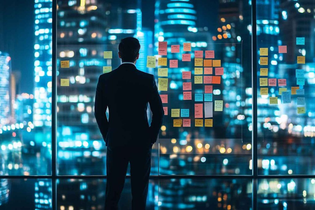 A corporate executive identifying leadership training needs using a structured planning board.