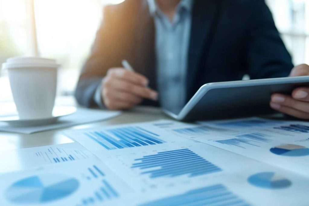 A business executive reviewing post-training evaluation reports after a leadership development session.