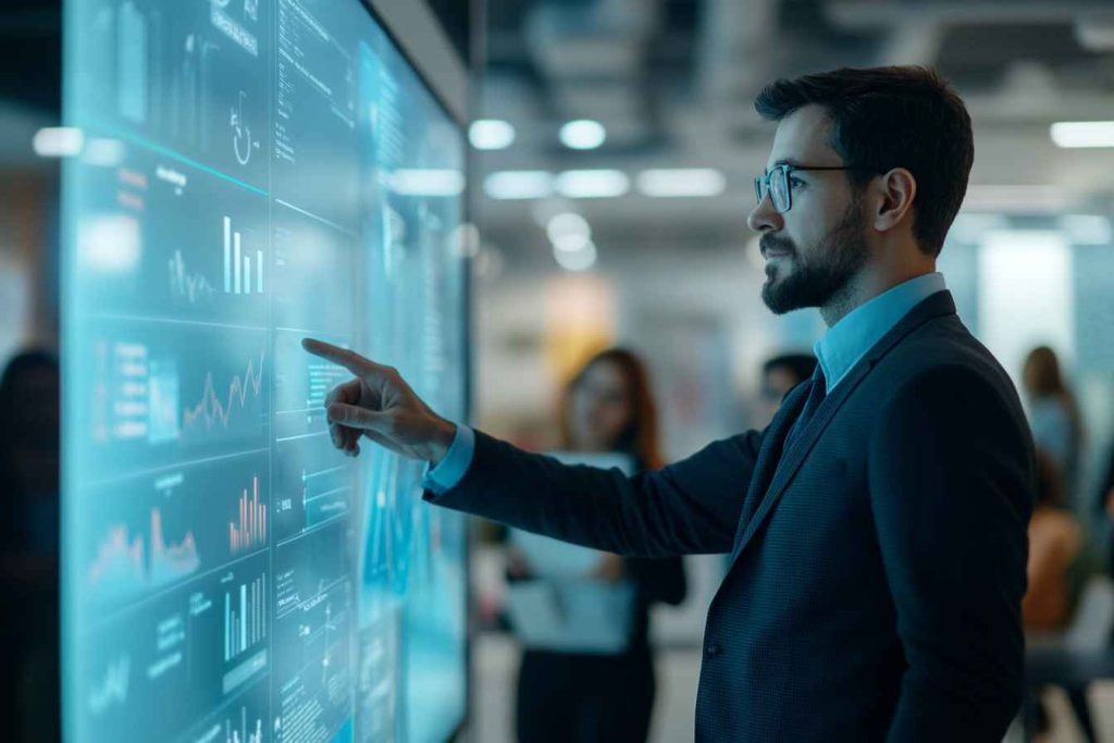 A business leader presenting different leadership styles on a digital screen in a corporate setting.