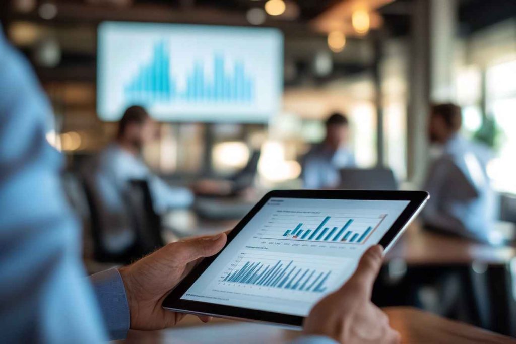 What Are Leadership Styles? How Many Are There: 5, 6, or 7? 2 A business manager reviewing performance reports on a tablet, while employees in a modern office work towards set targets. A visible progress chart on a digital screen in the background emphasizes structured goals, rewards, and accountability.