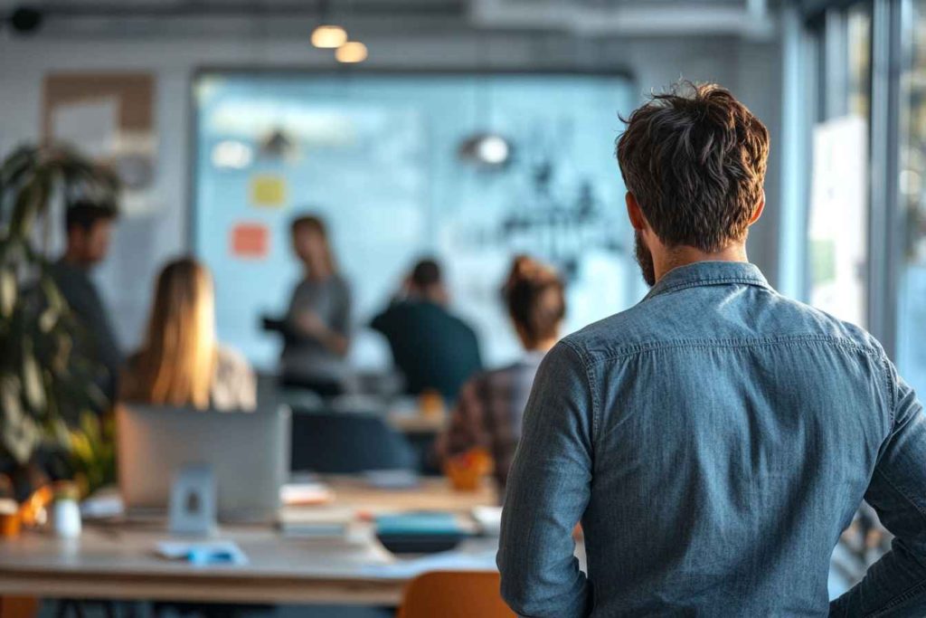 What Are Leadership Styles? How Many Are There: 5, 6, or 7? 3 A leader observing a self-managed team working independently in a creative office, illustrating laissez-faire leadership.