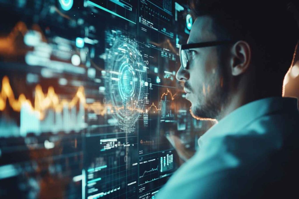 Key Strategic Thinking Skills in Leadership and Management: Your Ultimate Guide 1 A leader evaluating data trends and SWOT analysis reports, symbolizing critical thinking in decision-making.