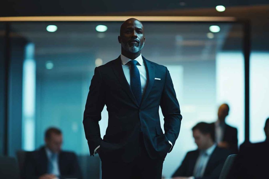 A confident leader giving firm instructions to a team in a corporate boardroom, with employees attentively listening and taking notes.