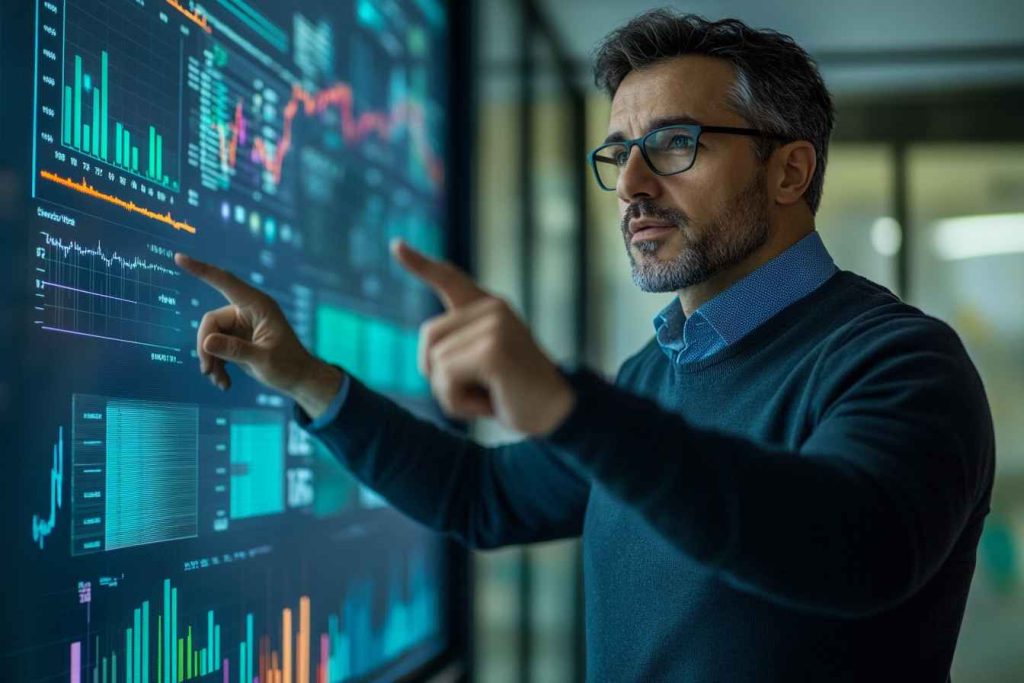 Different Influencing Styles: How Effective Leaders Persuade and Inspire Others 1 A male leader presenting logical arguments with financial charts in a high-tech conference room.