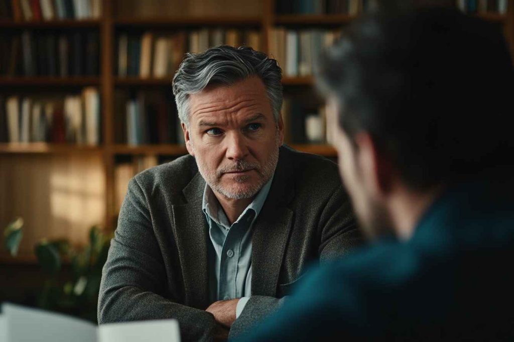 Different Influencing Styles: How Effective Leaders Persuade and Inspire Others 2 A male leader engaged in a one-on-one mentoring session, listening attentively in a professional setting.