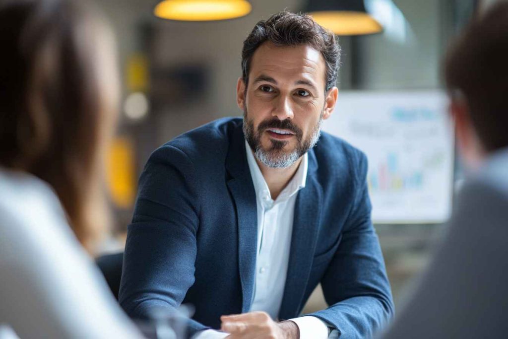 Different Influencing Styles: How Effective Leaders Persuade and Inspire Others 3 A male leader facilitating a collaborative discussion among a team, encouraging engagement in a modern office setting.