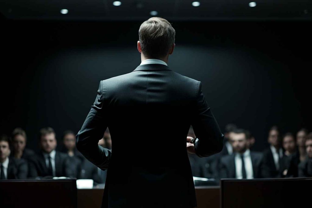 A confident male leader giving firm instructions to his team in a high-pressure office setting, ensuring clarity and quick action.