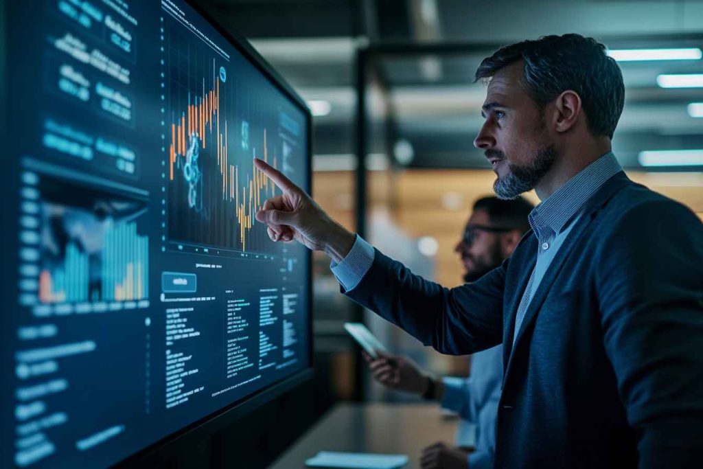 Influencing Styles Examples: How Great Leaders Persuade and Inspire 1 A logical male leader presenting financial and analytical data on a large screen in a corporate boardroom.