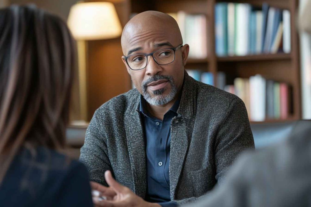Influencing Styles Examples: How Great Leaders Persuade and Inspire 2 A thoughtful male leader engaged in a one-on-one mentoring session, actively listening and offering guidance.
