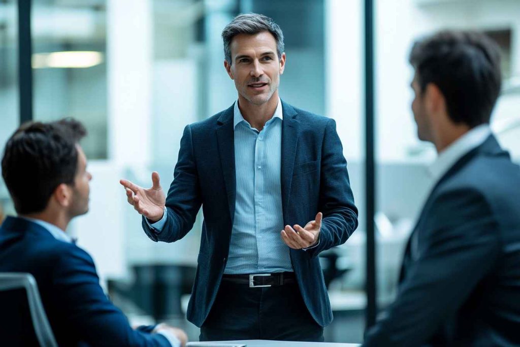 A composed male leader mediating between two team members, maintaining a neutral stance to resolve a workplace disagreement.