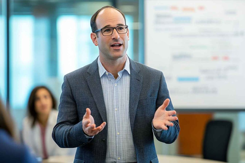 A male leader addressing his team in a conference room, using clear body language to explain key objectives.