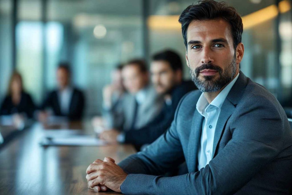 A thoughtful male leader sitting in a meeting, leaning forward and actively listening to a team member's input.