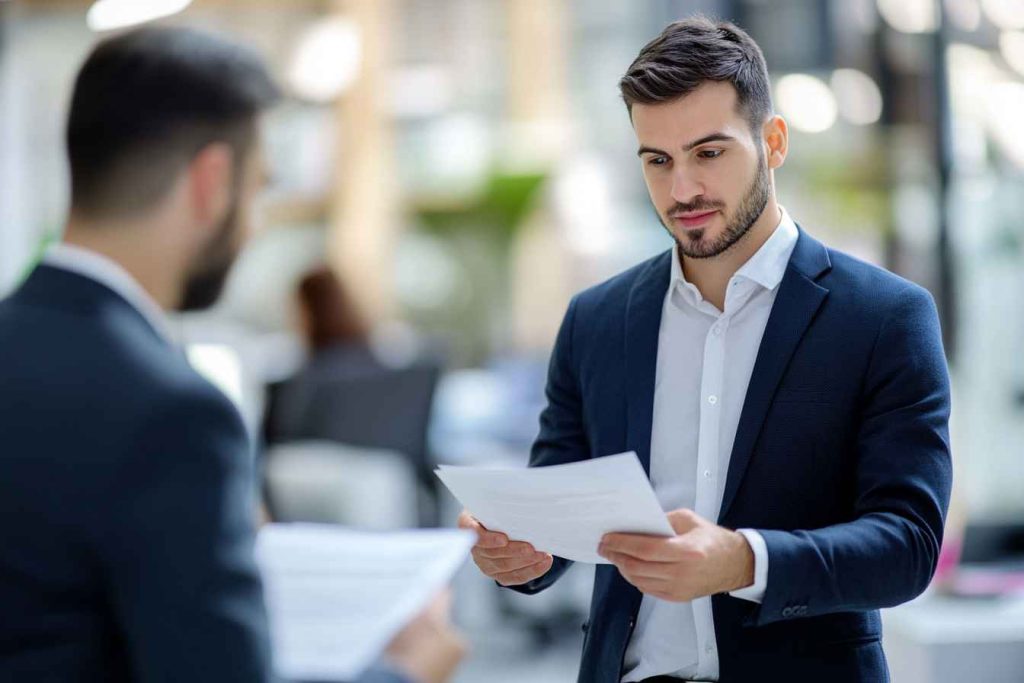 A professional male leader delegating tasks to a team member, shaking hands with confidence and trust.