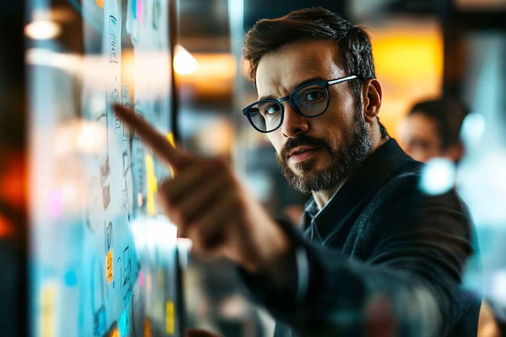 Team Building Skills Activities: Practical Ways to Strengthen Your Leadership Team 1 A professional male leader guiding his corporate team through an escape room challenge, fostering teamwork and collaboration.