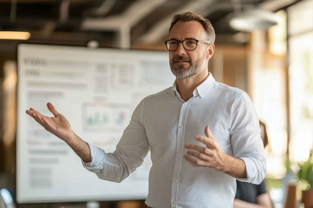 Team Building Skills Activities: Practical Ways to Strengthen Your Leadership Team 2 A corporate team, led by a male leader, deeply engaged in a survival scenario discussion, ranking essential items for survival.