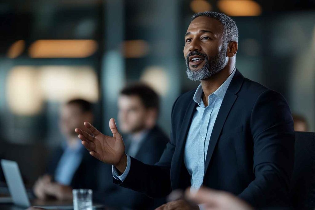 A professional male leader facilitating a clear and engaging team discussion in a modern office setting.