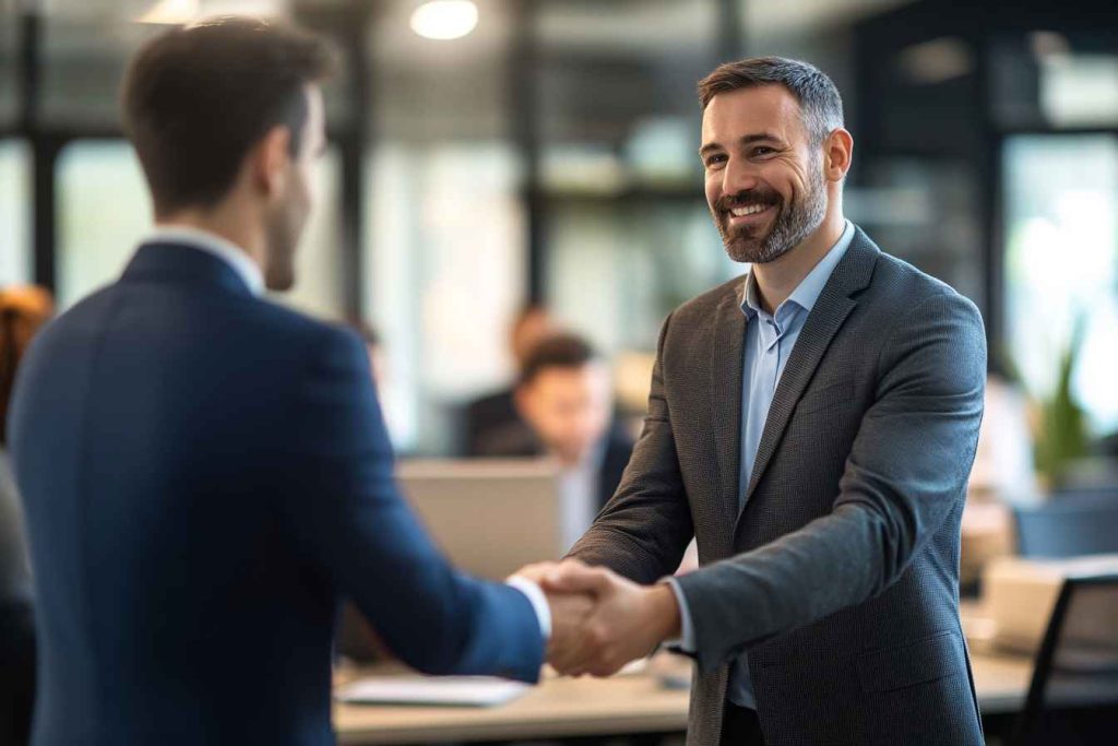 A male leader shaking hands with a team member, signifying accountability and trust in a workplace setting.