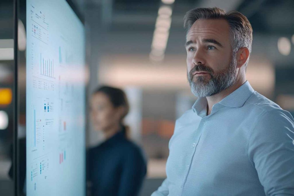 A male leader discussing strategic adjustments with his team in a modern office, fostering adaptability and flexibility.