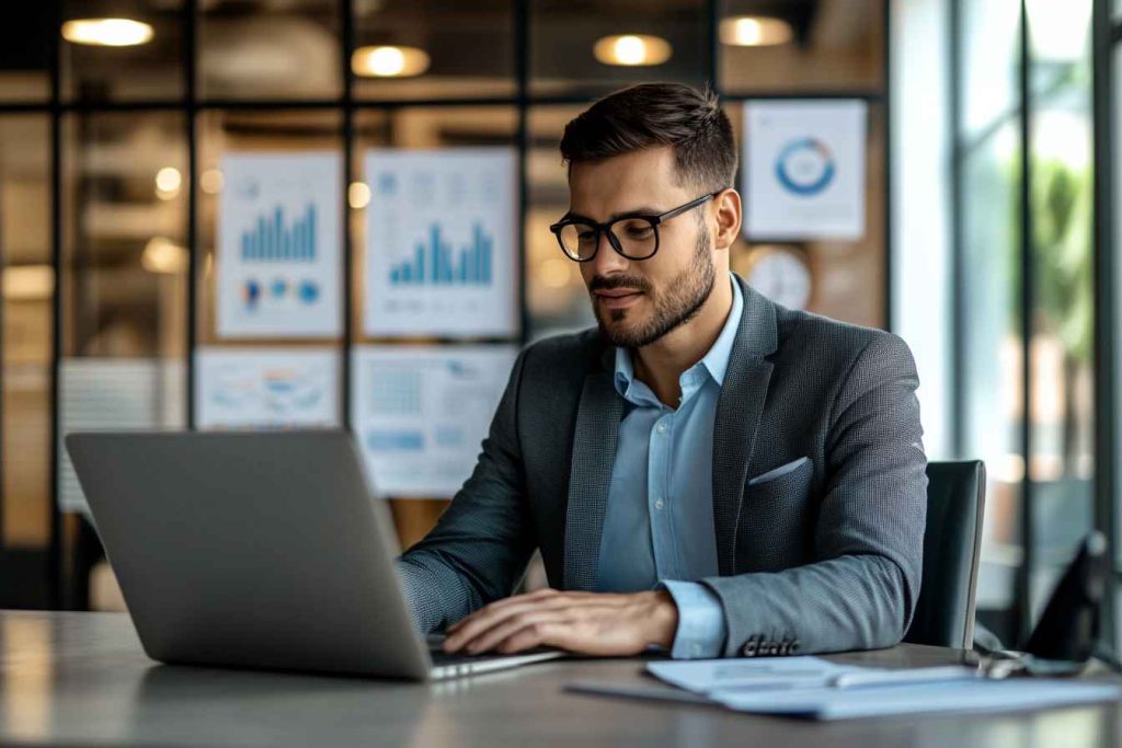 A male hiring manager in an office reviewing a candidate’s digital marketing portfolio on a laptop.