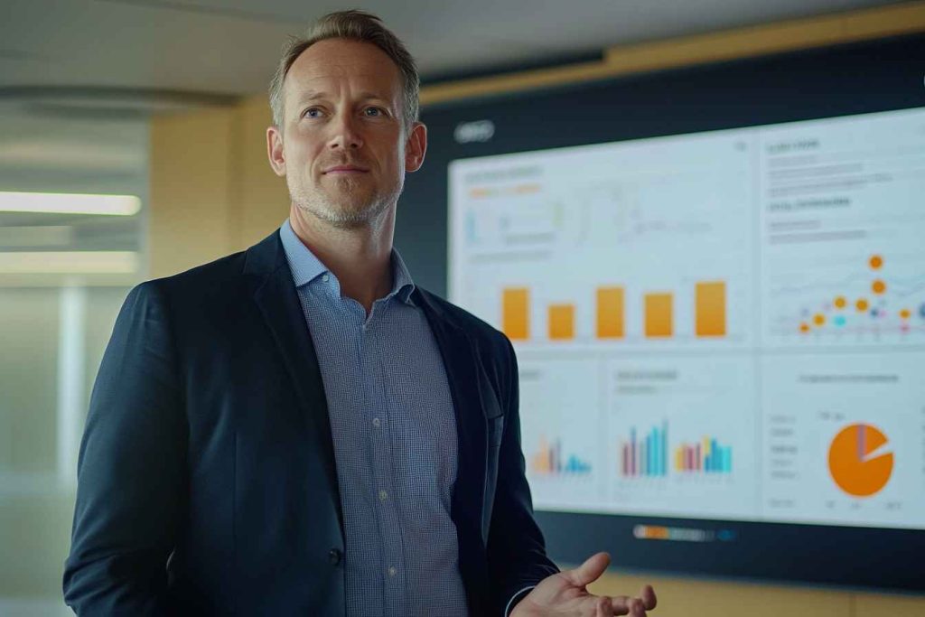 How to Evaluate Digital Marketing Skills for Hiring 2 A male digital marketer in an office setting presenting a marketing campaign strategy to a hiring panel.