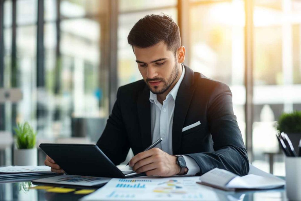 How to Evaluate Digital Marketing Skills for Hiring 3 A male candidate in a modern office, writing a social media ad copy test on a tablet.