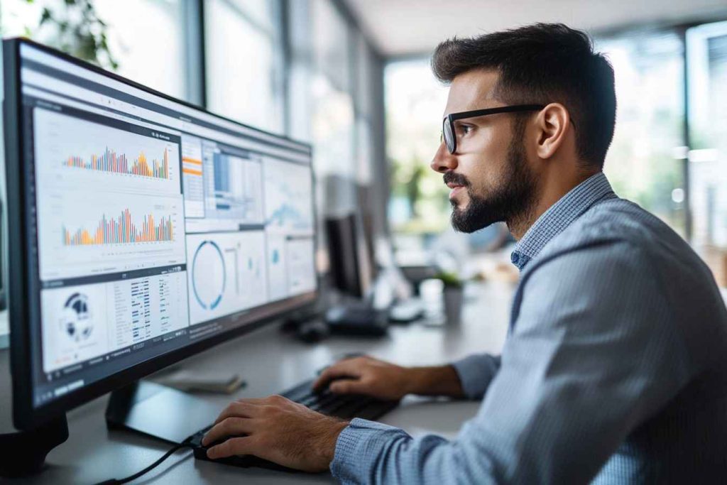 A male digital marketing professional reviewing SEO analytics on a large monitor in a modern office.