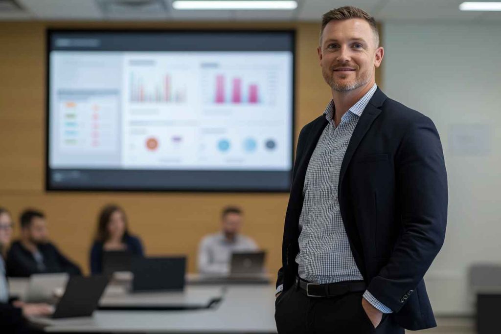 Top Digital Marketing Skills List to Assess for Employment 1 A male digital marketing manager presenting a paid advertising campaign strategy to a team in a conference room.