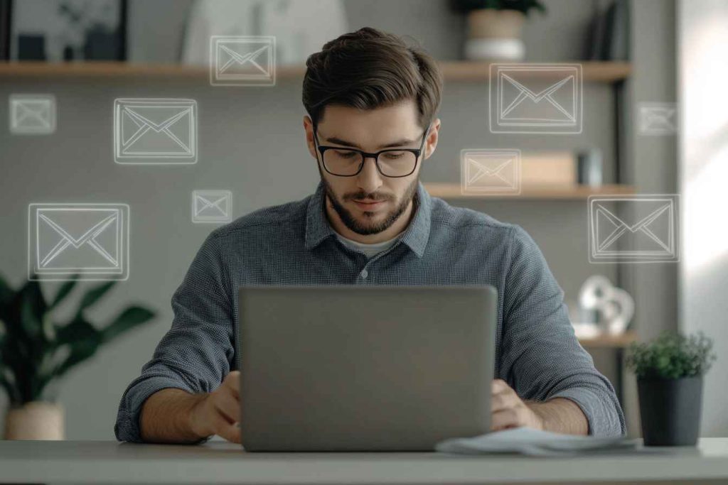 Top Digital Marketing Skills List to Assess for Employment 3 A male content marketer drafting an email marketing strategy on a laptop in a modern workspace.