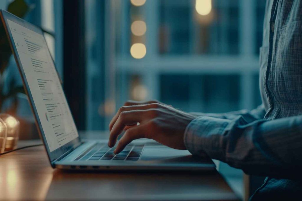 A male PPC advertising specialist reviewing and optimizing a paid ad campaign on a laptop in a corporate office.