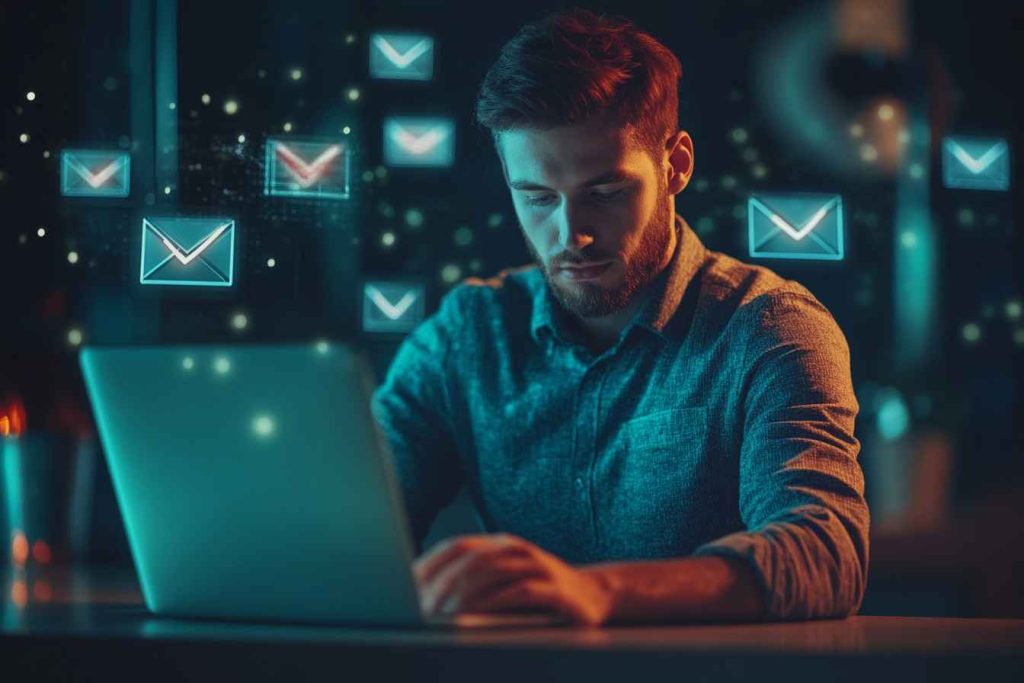 A male email marketing manager setting up an automated email workflow on a CRM dashboard.